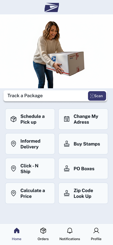 Redesigned USPS home screen